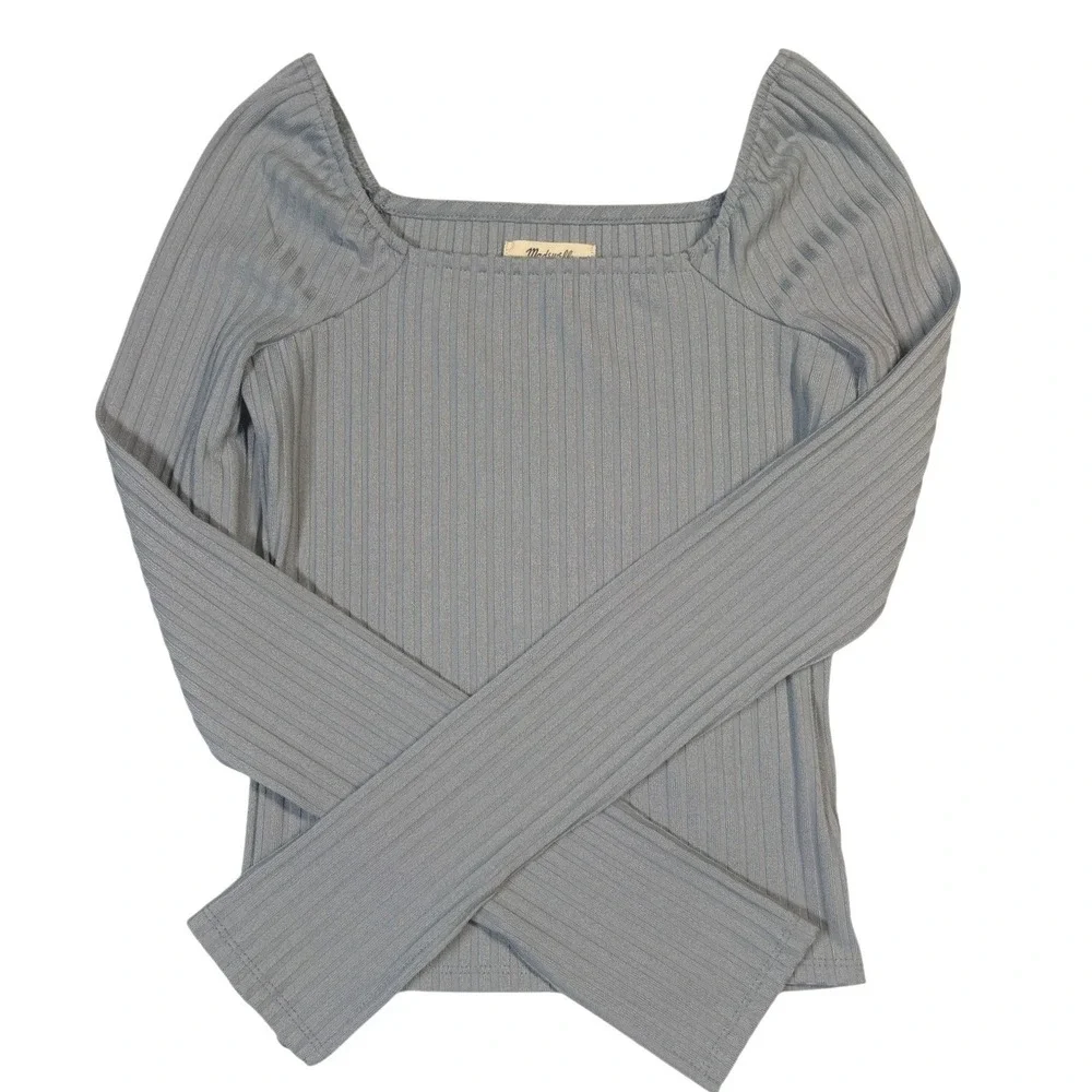 Madewell Ribbed Square Neck Puff Sleeve Top Blue Grey XS CKP477262429